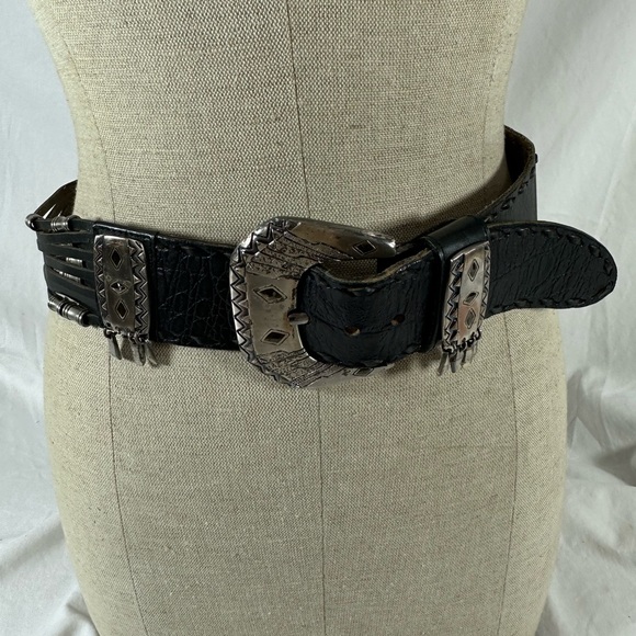 Stunning vintage croc pattern genuine leather wide belt medium black main image 8